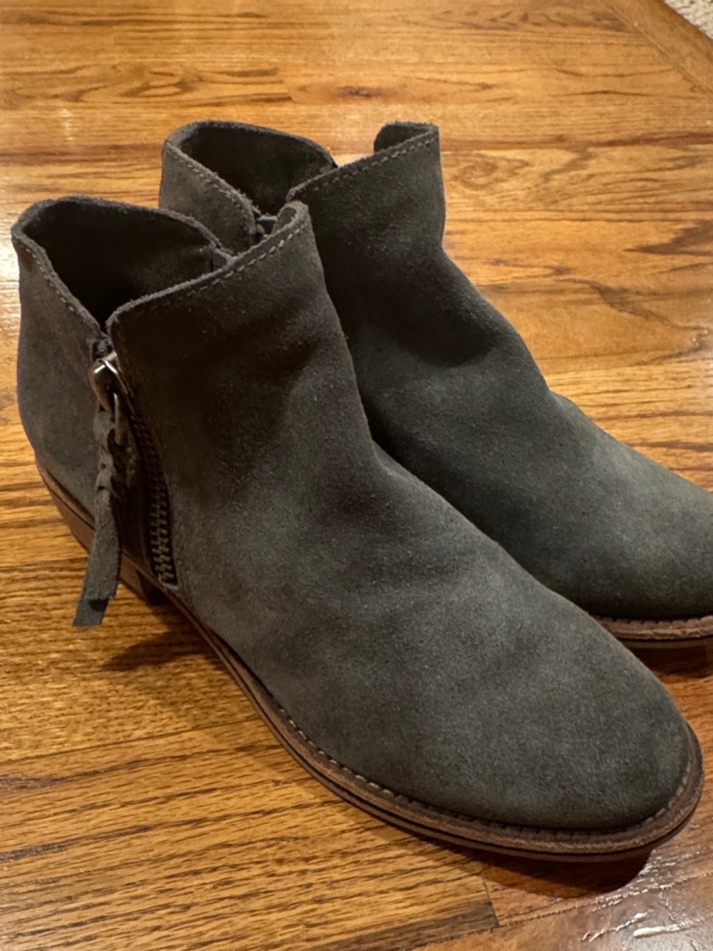Dolce Vita Charcoal Suede Ankle Booties with double zippers.  One on each side